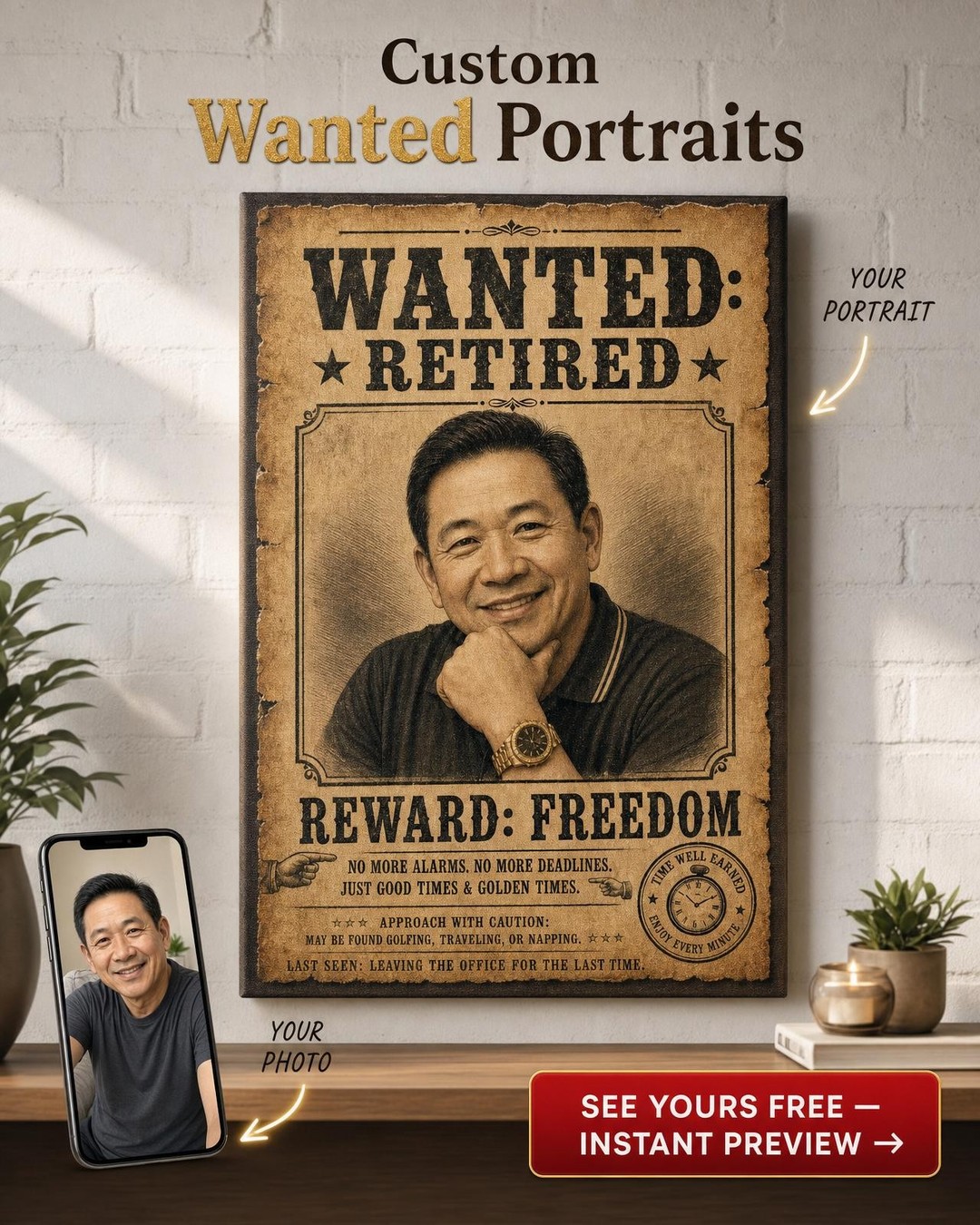 Retirement Wanted Poster Custom Portrait from Photo | Personalized Canvas Gift