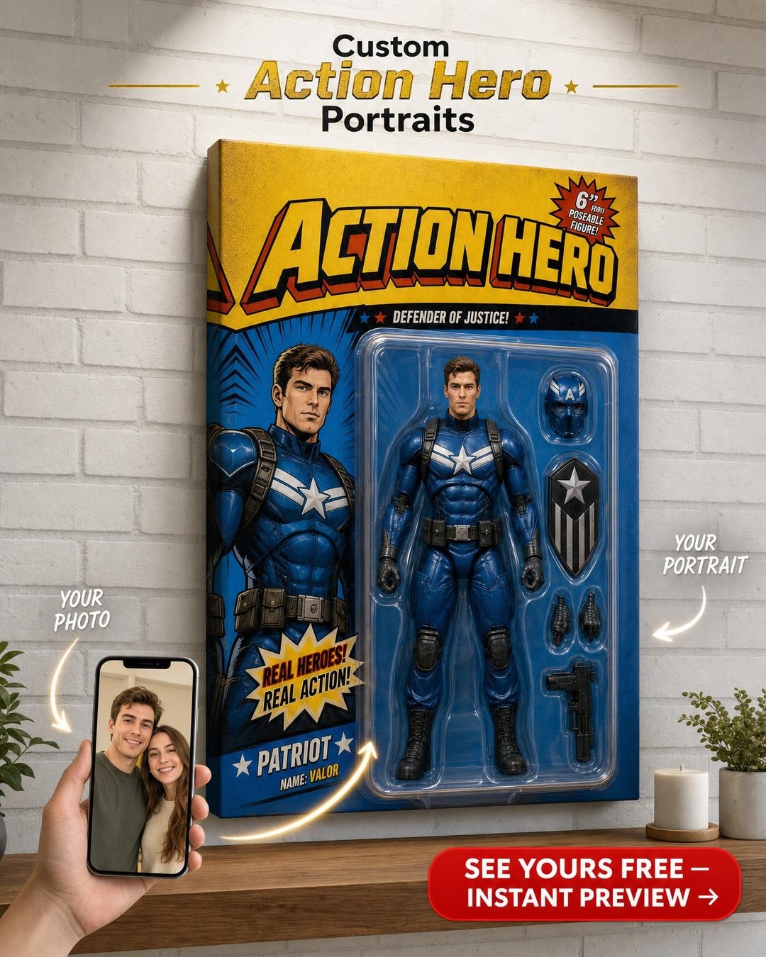 Custom Action Figure Portrait — Heroic Man Canvas from Photo