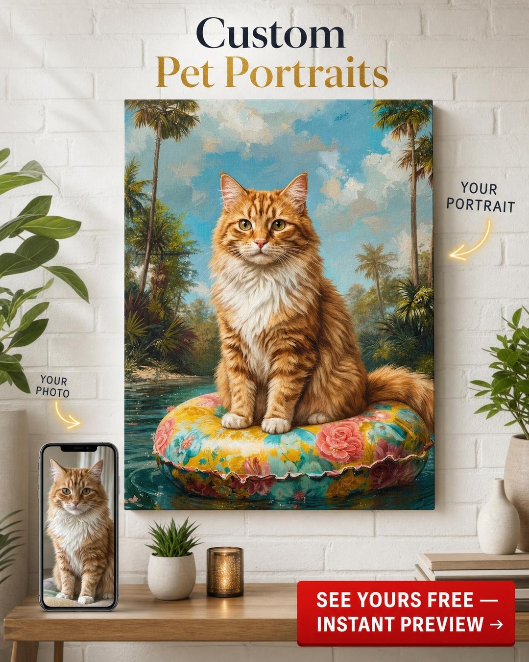 Custom Cat Pet Portrait — Whimsical Tropical Canvas from Photo