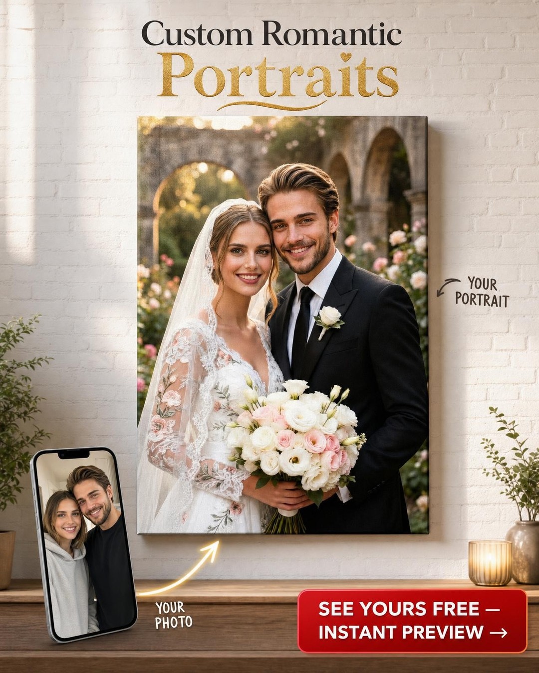 Floral Wedding Portrait Canvas