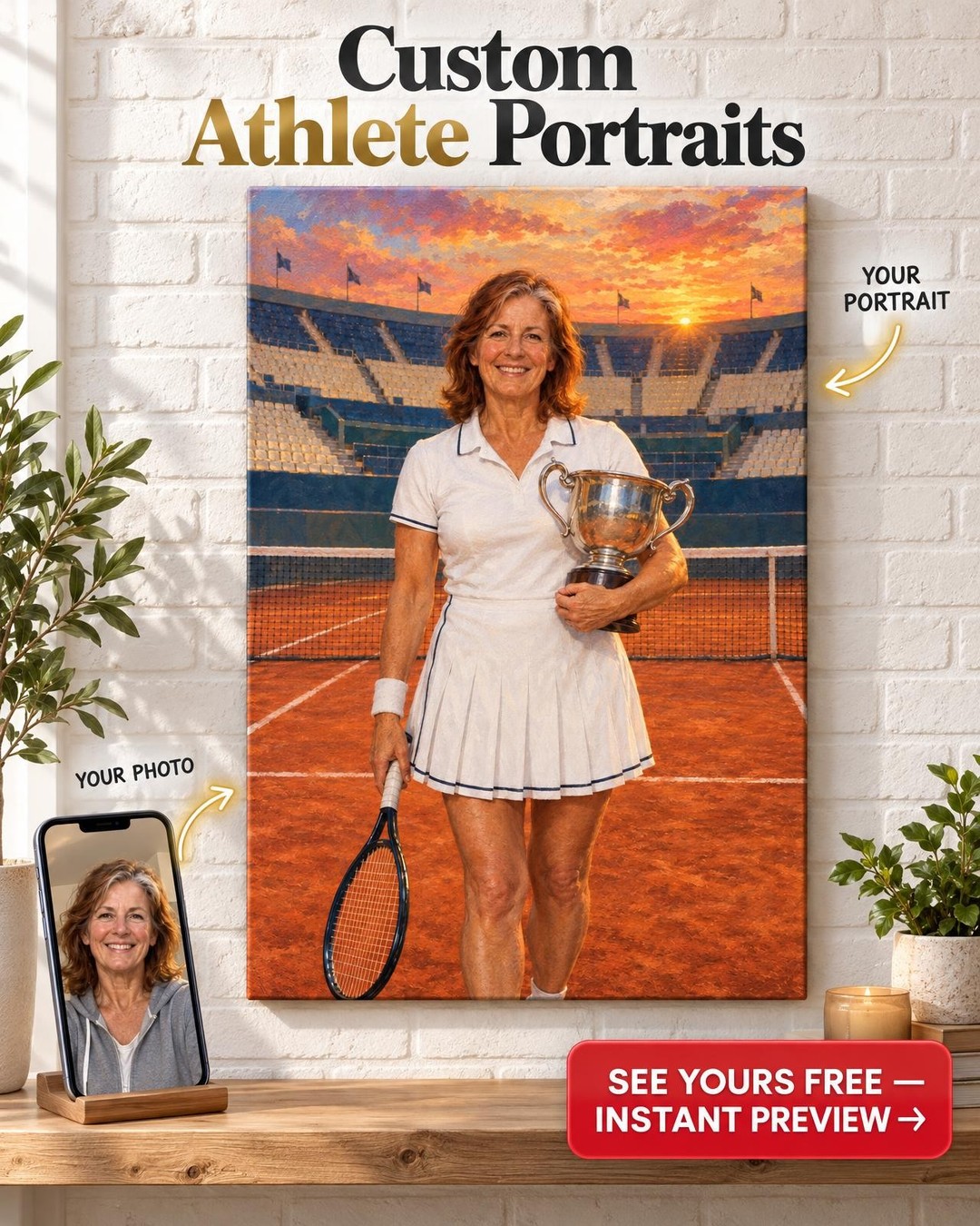 Tennis Champion Custom Portrait from Photo | Personalized Gift for Her