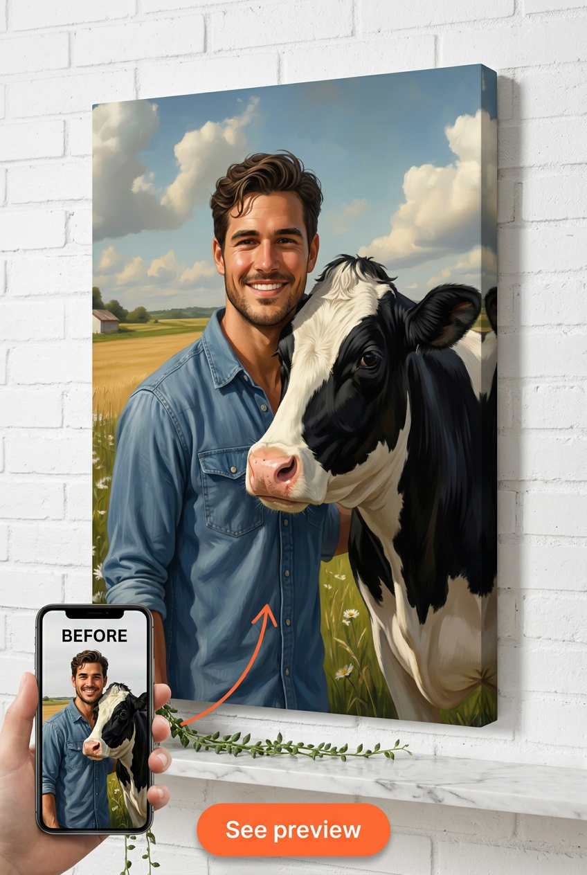 Custom Cowboy Single Man Portrait — Whimsical Ranch Canvas from Photo