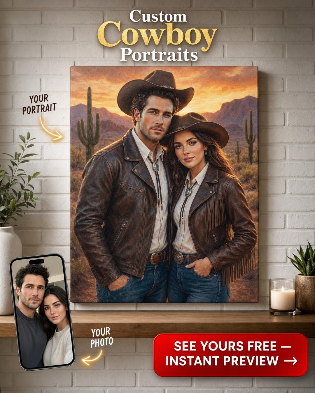 Custom Cowboy Couple Portrait — Romantic Western Canvas