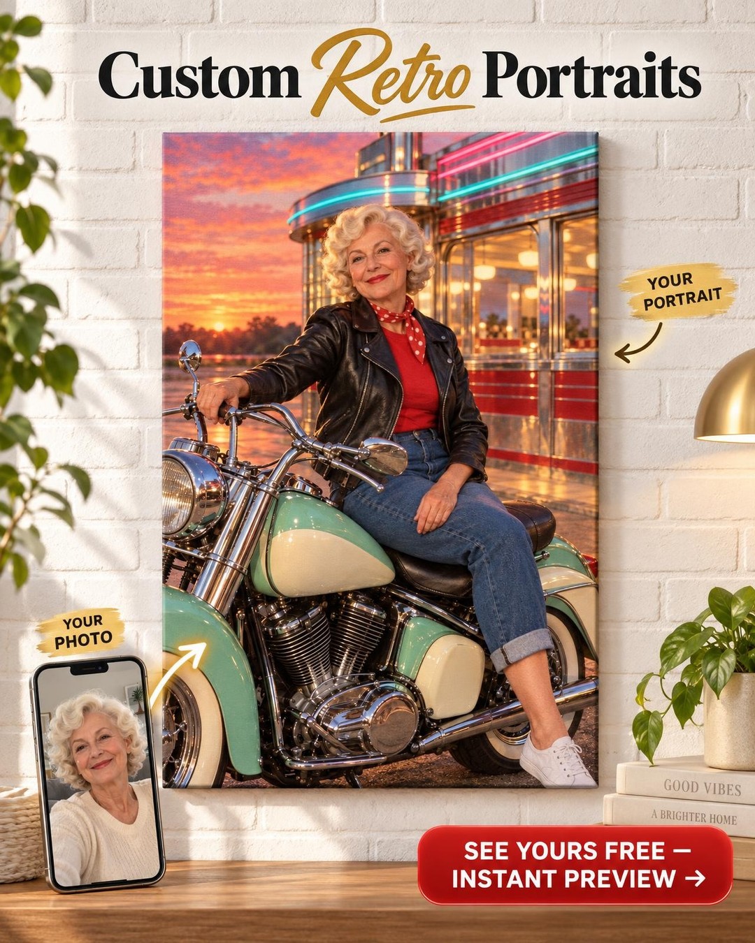 Rockabilly Diner Motorcycle Portrait for Her from Photo | Personalized Motorcycle Portrait Gift