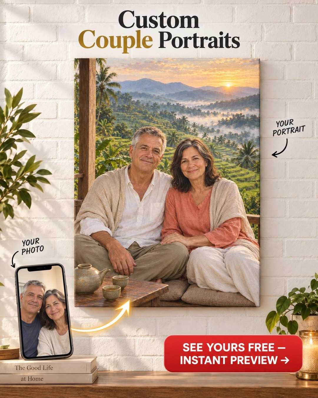 Rice Terrace Sunrise Couple Custom Portrait from Photo | Personalized Serenity Gift