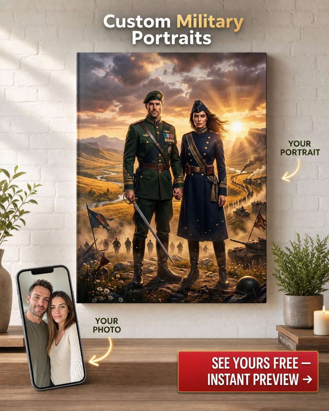 Custom Military Couple Portrait — Heroic Canvas from Photo