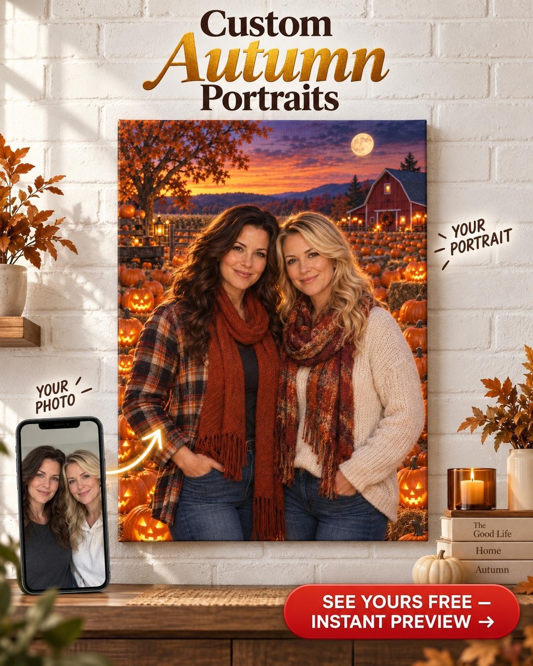 Pumpkin Patch at Dusk Custom Portrait from Photo | Personalized for Two Women Gift