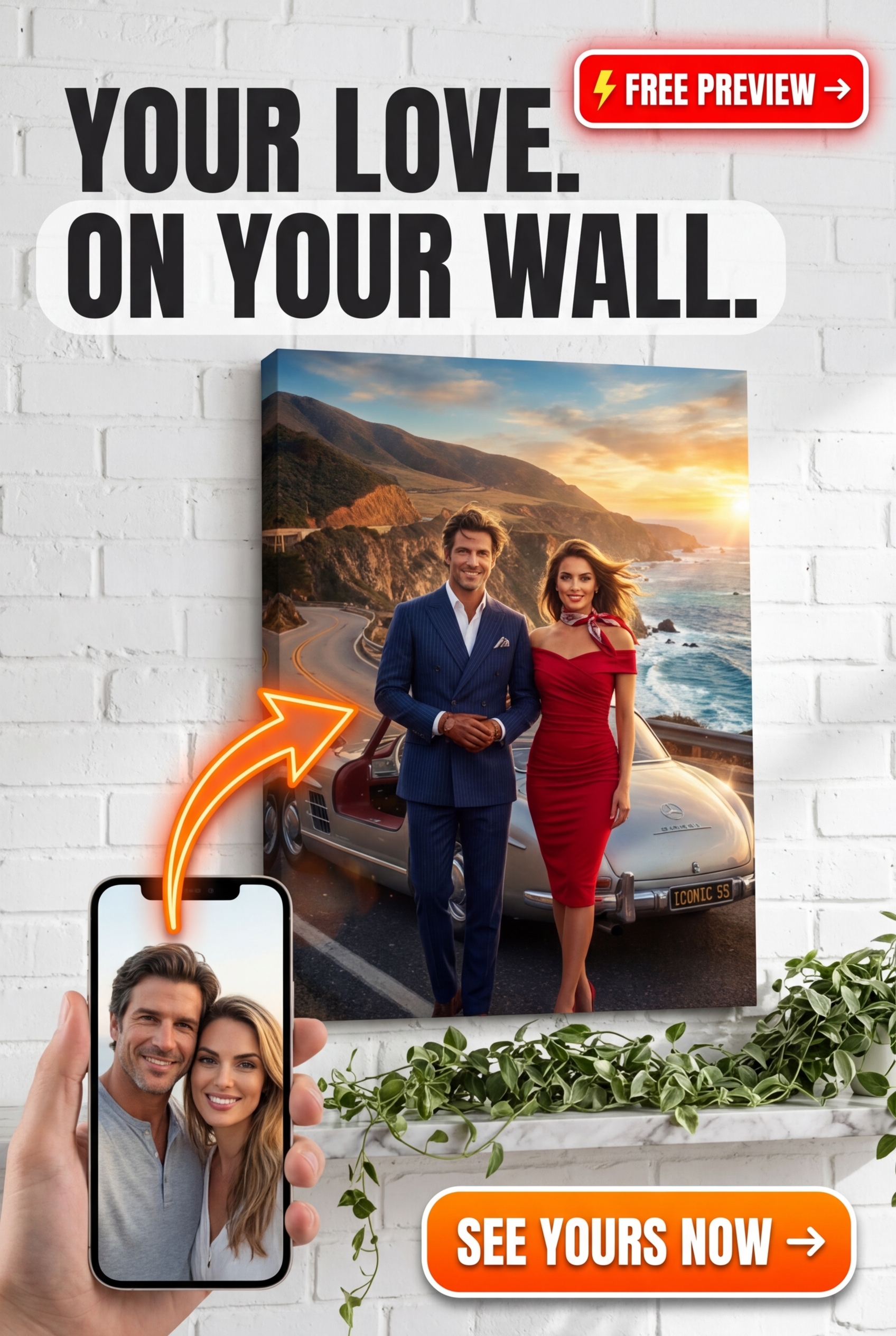 Custom Royal Couple Portrait — Romantic Coastline Canvas from Photo