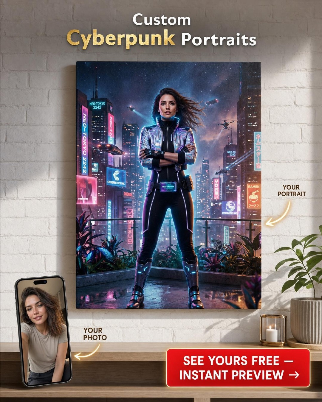 Custom Cyberpunk Single Man Portrait — Heroic Neon Canvas from Photo