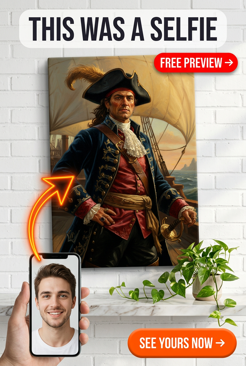 Custom Pirate Man Portrait — Heroic Ship & Sword Canvas
