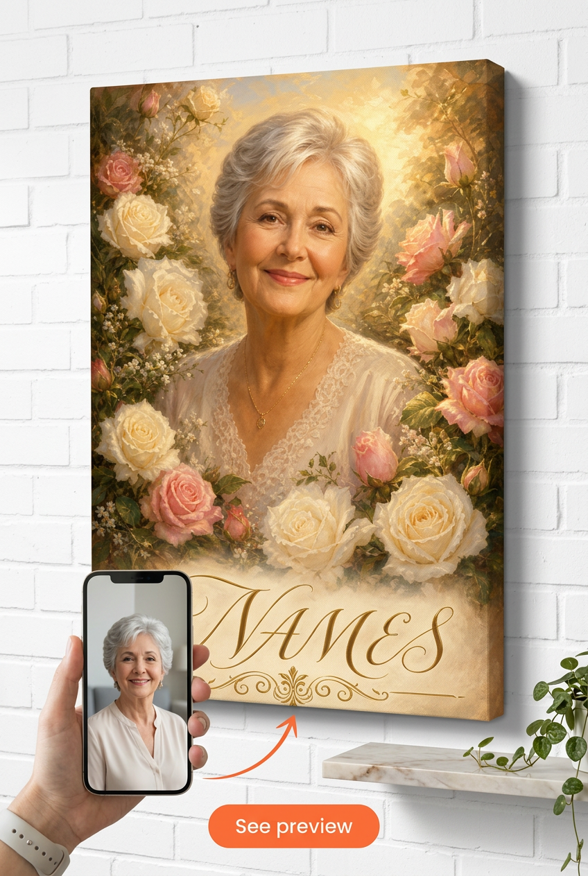 Custom Memorial Portrait from Photo — Serene Rose Canvas for Women