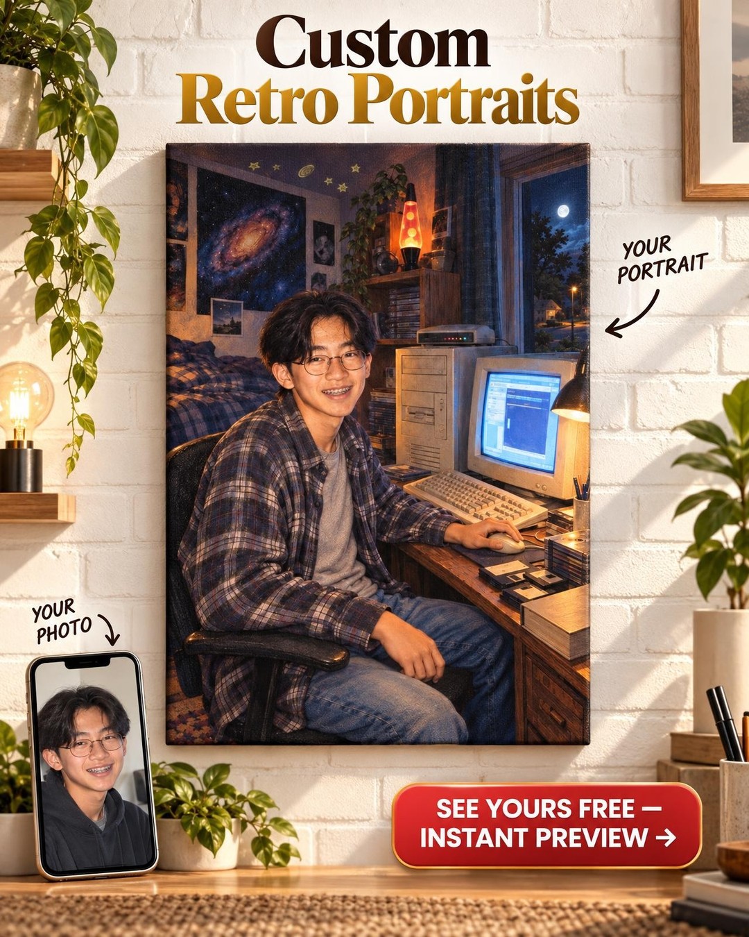 The Dial-Up Night Custom Portrait from Photo | Personalized First Computer Portrait Gift