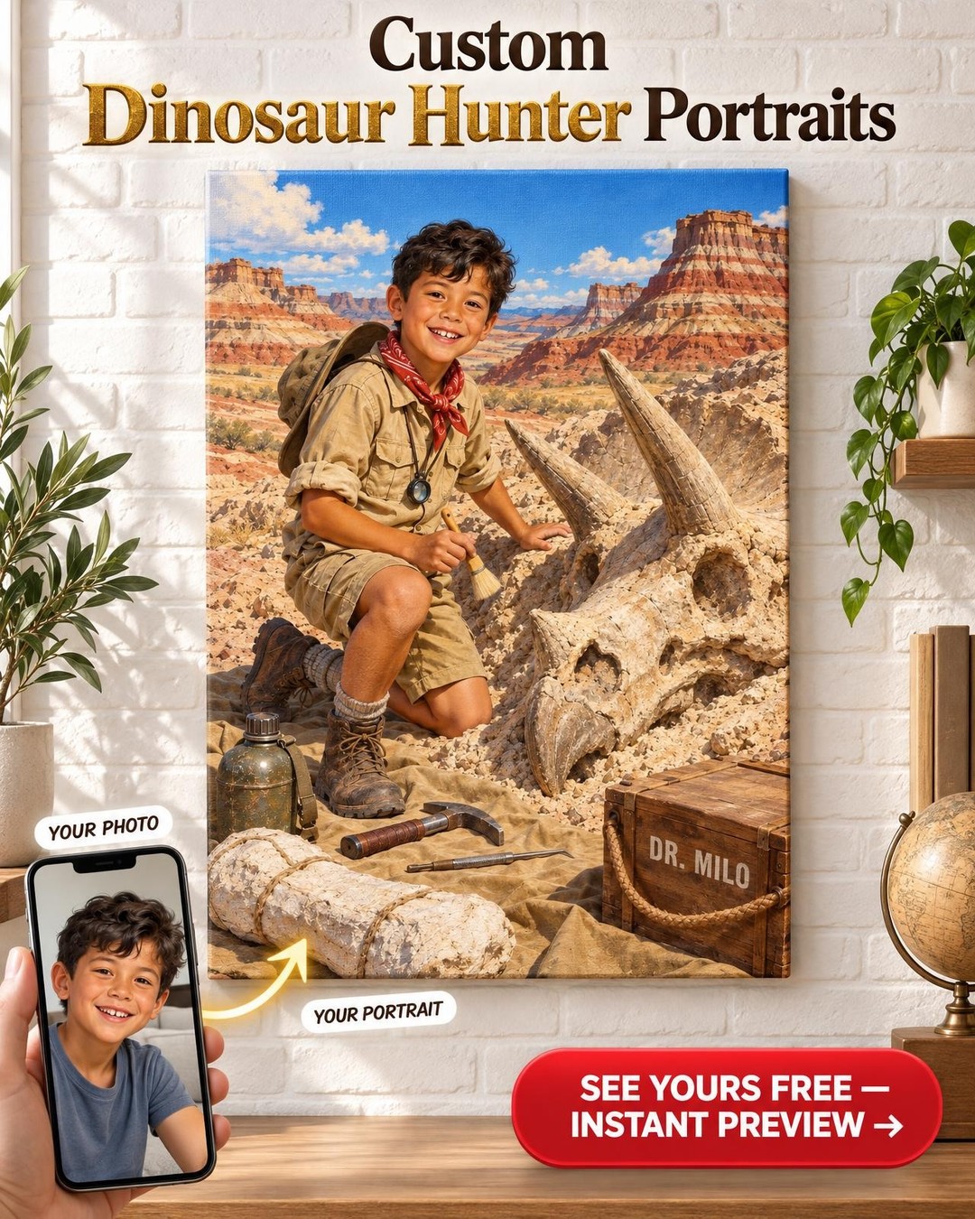 Little Paleontologist Custom Portrait from Photo | Personalized Dinosaur Portrait Gift