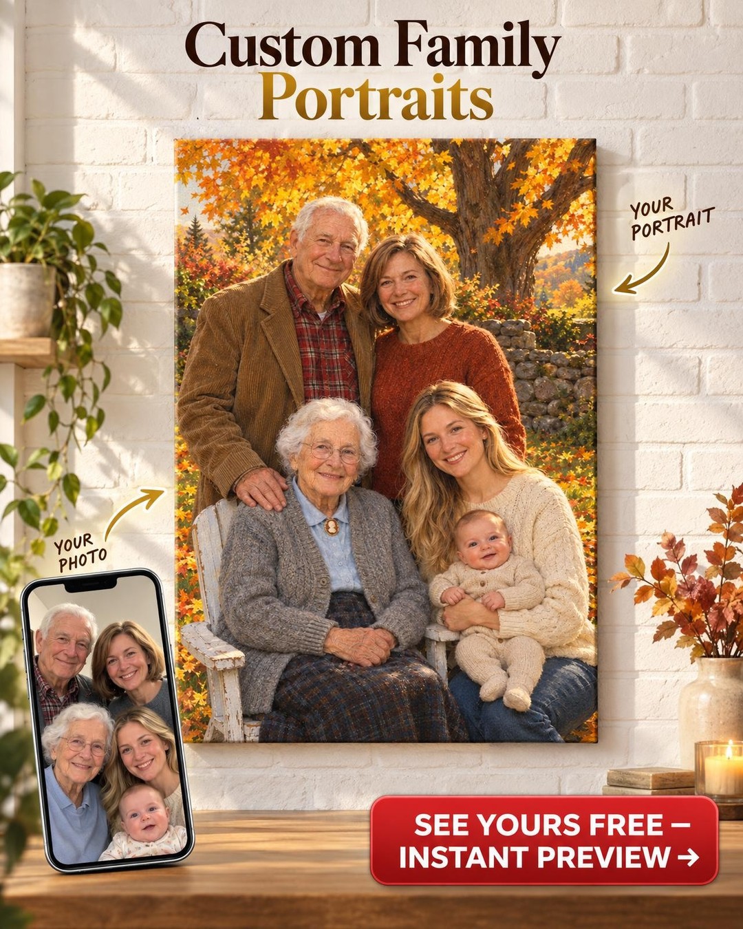 Five Generations Custom Portrait from Photo | Personalized Generations Gift