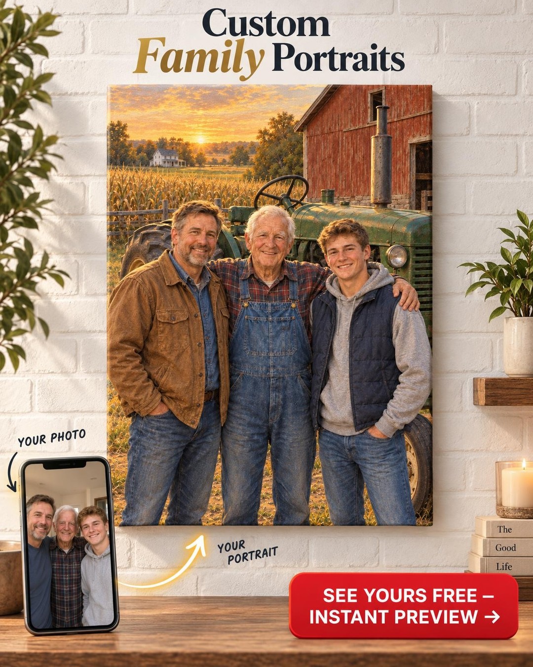 Three Generations Family Farm Custom Portrait from Photo | Personalized Family Farm Gift