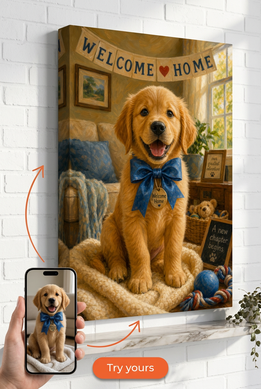 New Puppy Gift — Cozy Puppy Welcome Canvas from Photo
