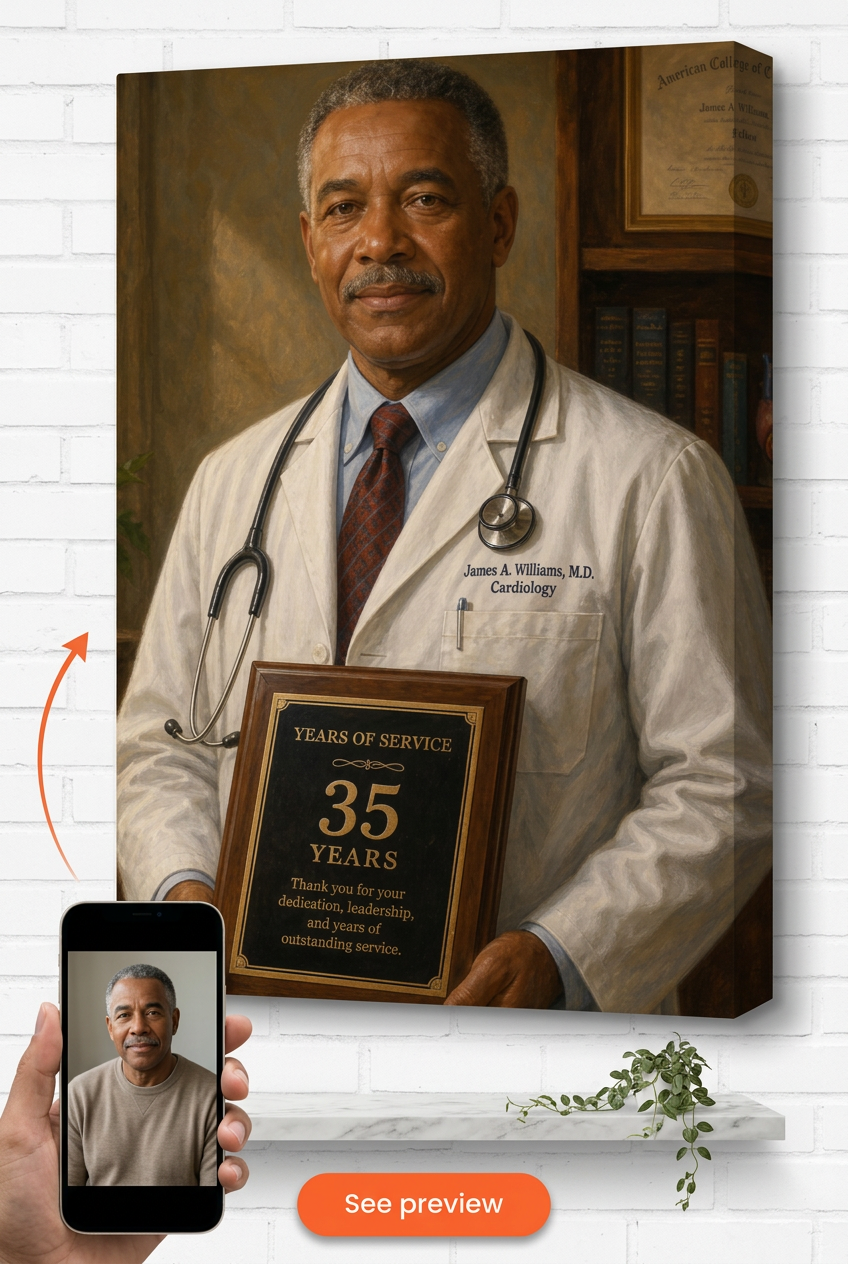 Custom Retirement Doctor Portrait — Heroic Medical Legacy Canvas
