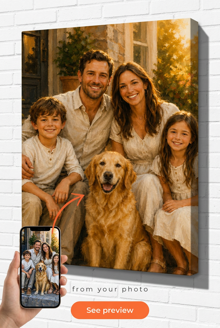 Custom Impressionist Family Portrait — Dog & Flowers Canvas from Photo