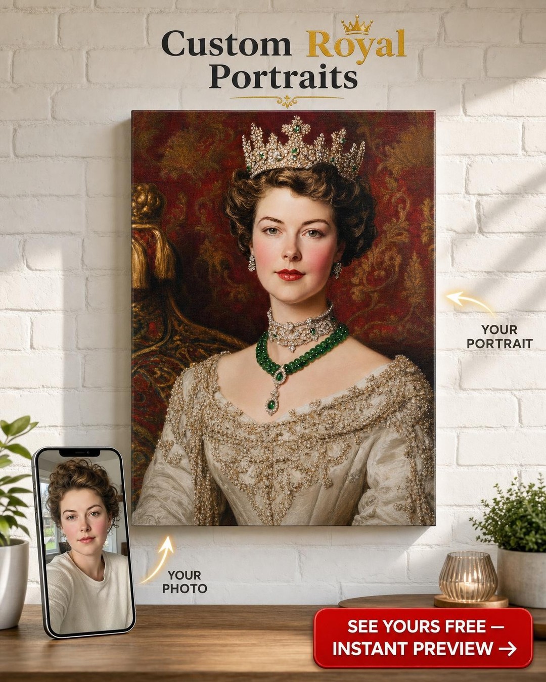 Emerald Royal Queen Custom Portrait from Photo | Personalized Gift