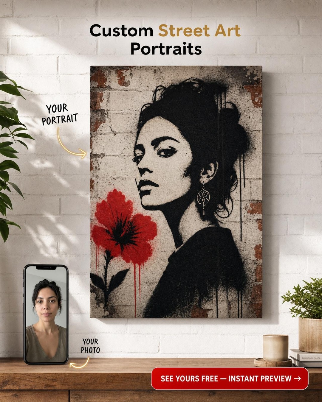 Custom Banksy Graffiti Single Woman Portrait — Whimsical Canvas Art
