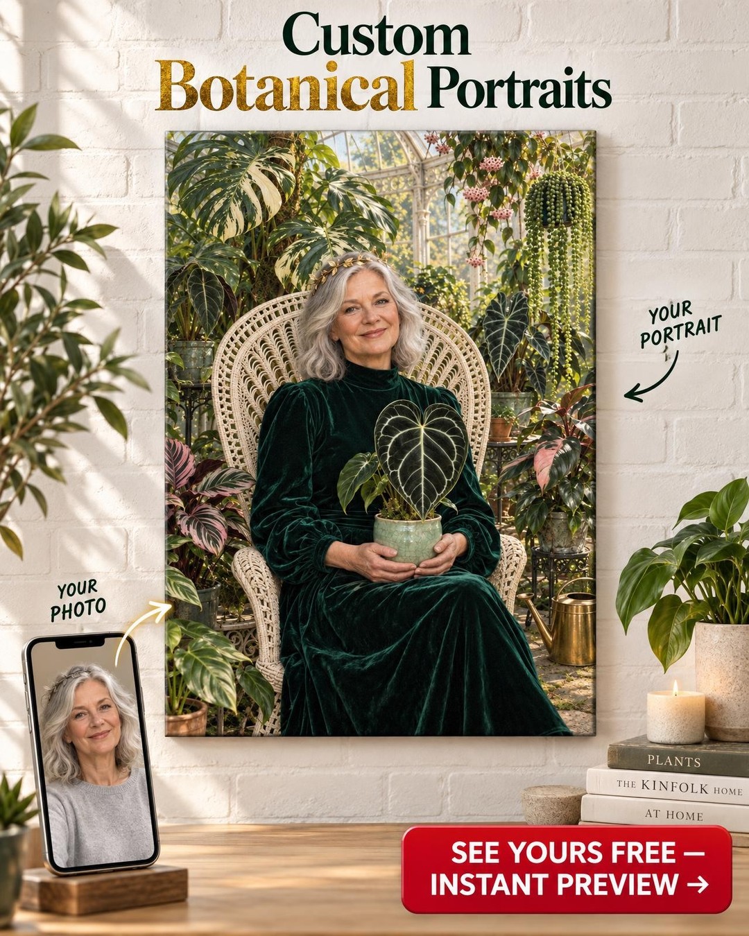 The Botanical Queen Custom Portrait from Photo | Personalized Houseplants Gift