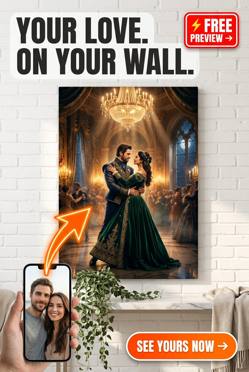 Custom Royal Couple Portrait — Romantic Ballroom Canvas