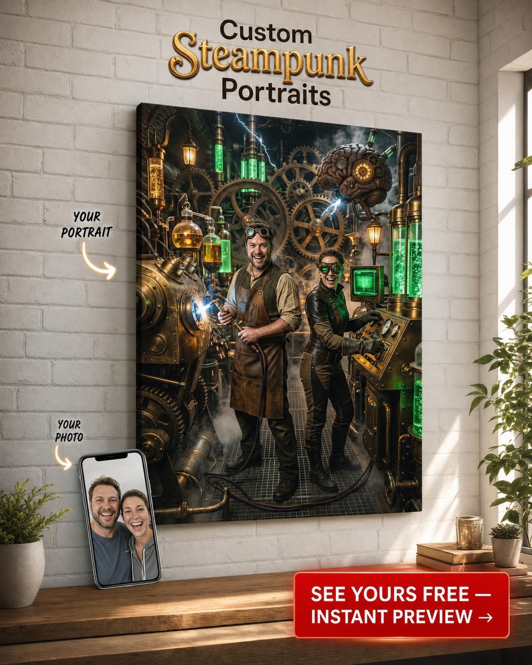 Custom Steampunk Couple Portrait — Whimsical Lab Canvas