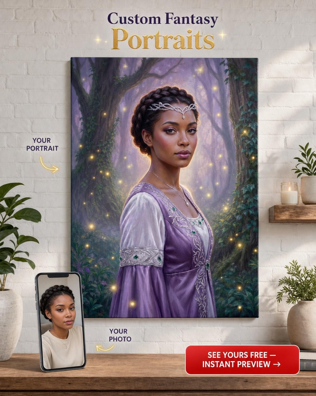 Custom Fantasy Woman Portrait — Whimsical Crown & Flowers Canvas