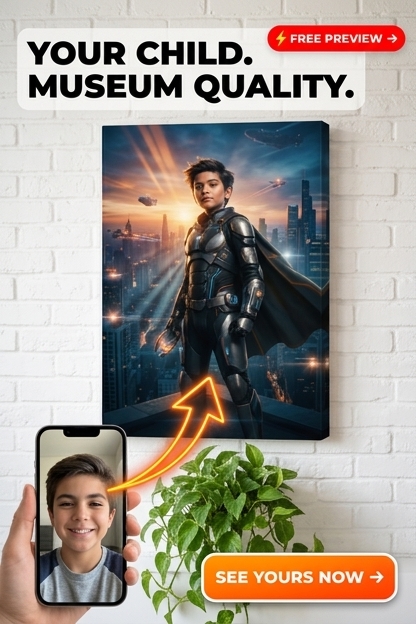 Custom Superhero Man Portrait — Heroic Cape & Cityscape Canvas