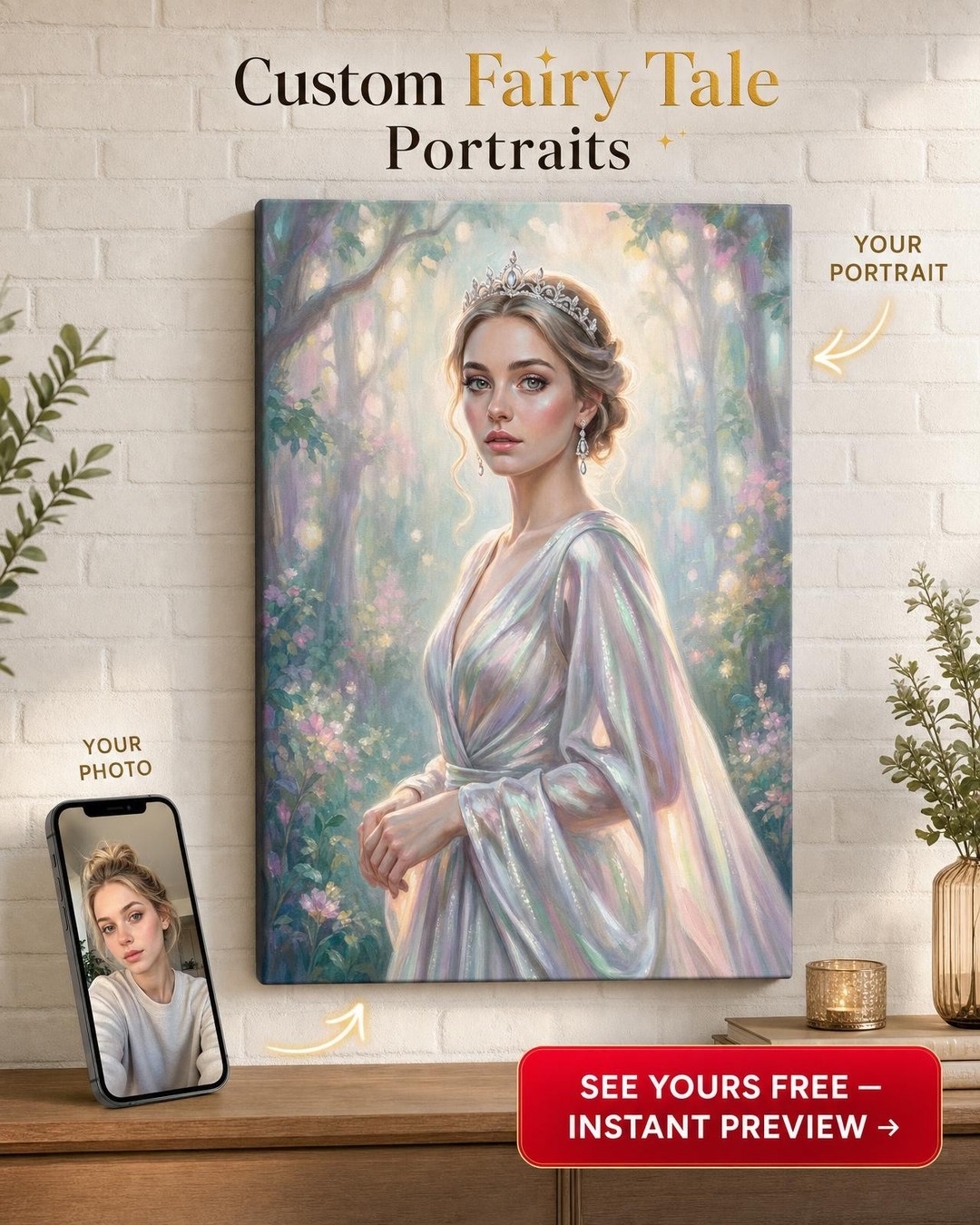 Custom Fantasy Woman Portrait — Whimsical Forest Crown Canvas