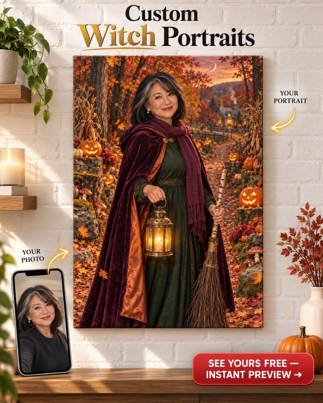 Autumn Witch Custom Portrait from Photo | Personalized Witch Portrait Gift