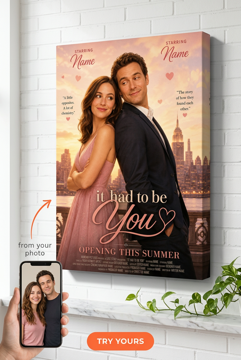Custom Romantic Comedy Movie Poster Couple — photoreal canvas with face-swap on 