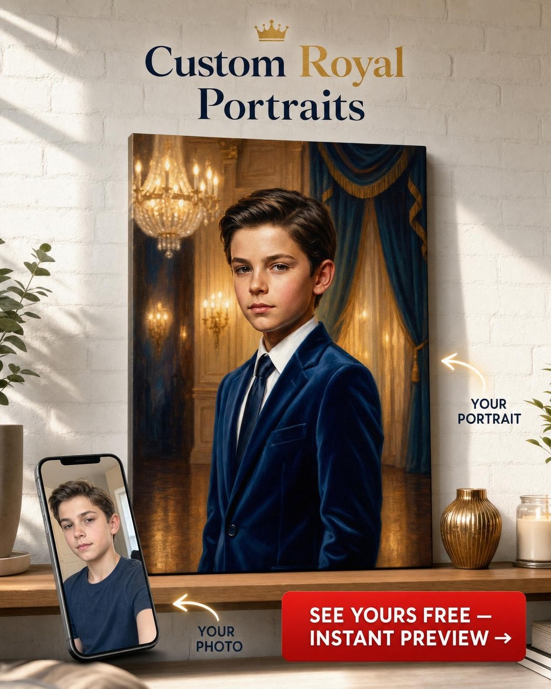 Custom Royal Boy Portrait — Regal Suit Canvas from Photo