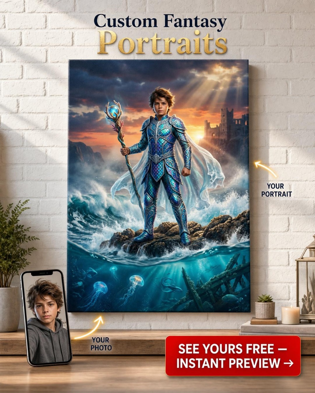 Custom Ocean Boy Portrait — Heroic Warrior Canvas