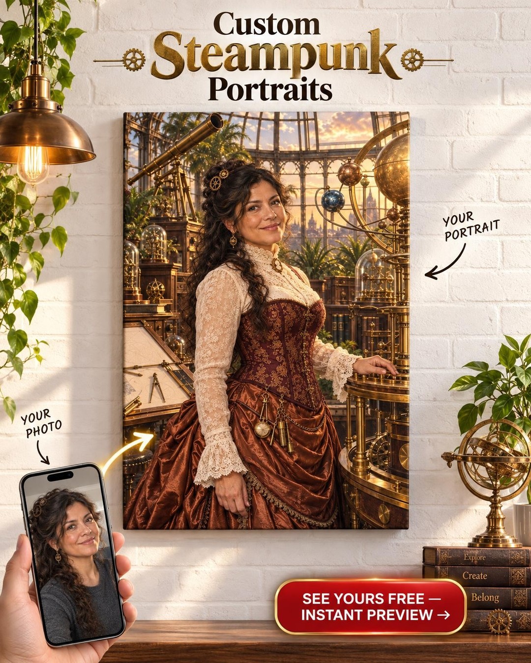 Steampunk Corset Portrait For Her Custom Portrait from Photo | Personalized Steampunk Airship Gift