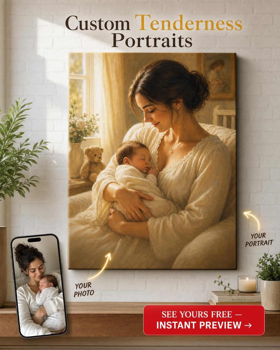 New Mom & Newborn Bond Canvas — AI-regenerated portrait personalized with names