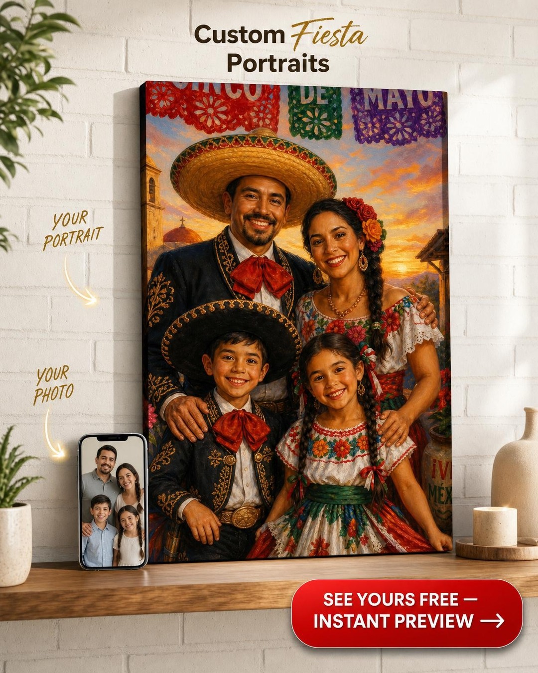 Custom Cultural Family Portrait — Festive Fiesta Canvas from Photo