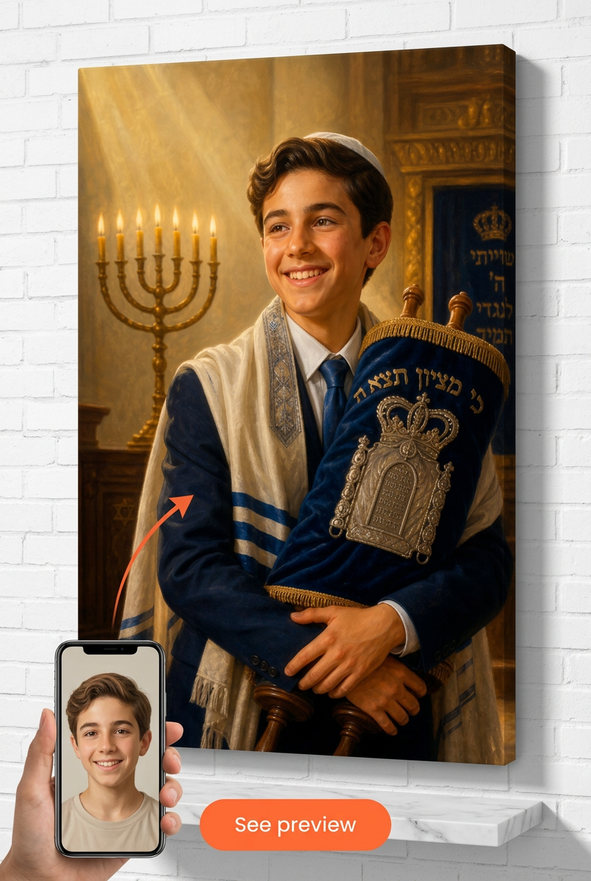 Custom Religious Boy Portrait — Serene Bar Mitzvah Canvas from Photo