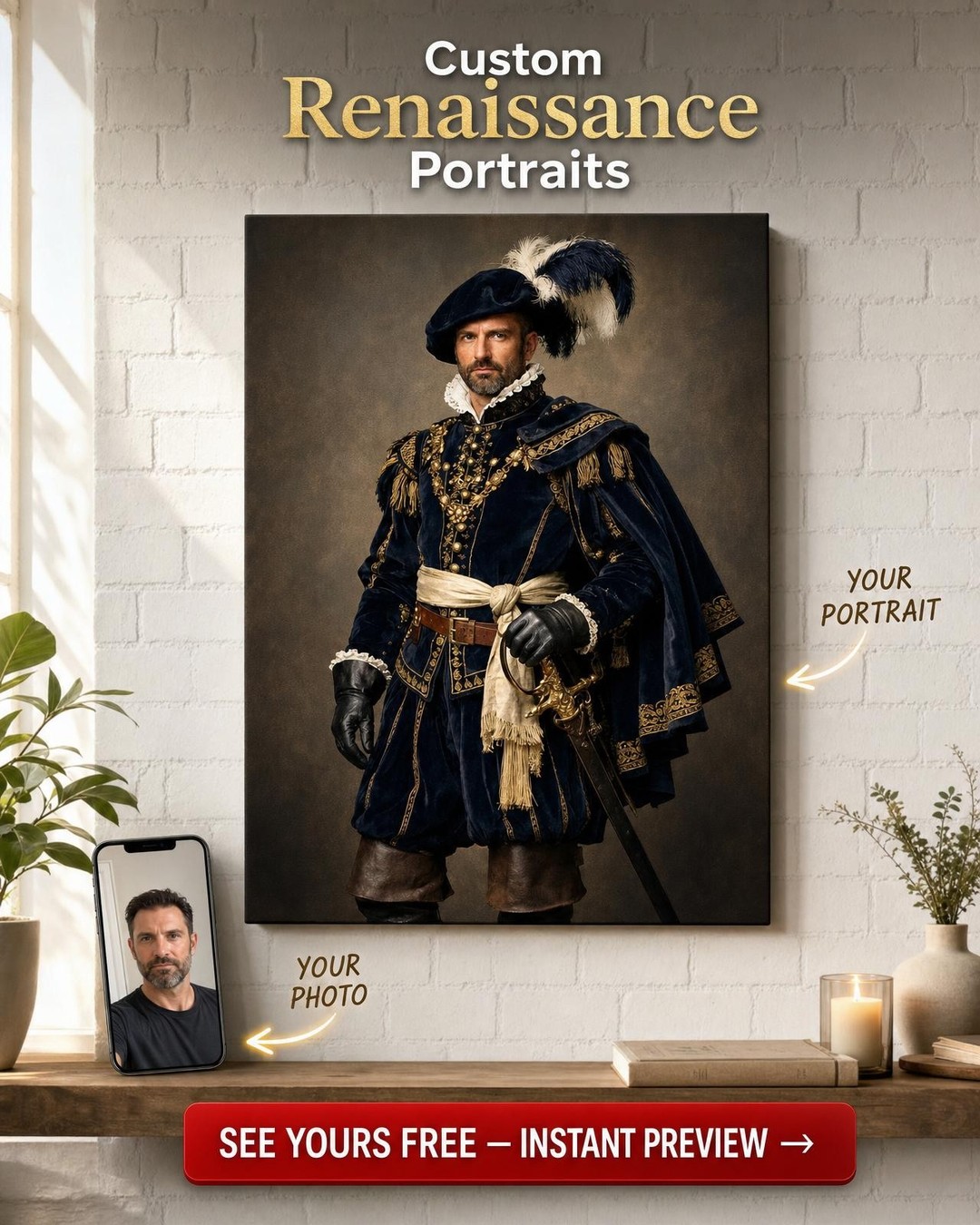 Custom Musketeer Man Portrait — Regal Sword & Armor Canvas