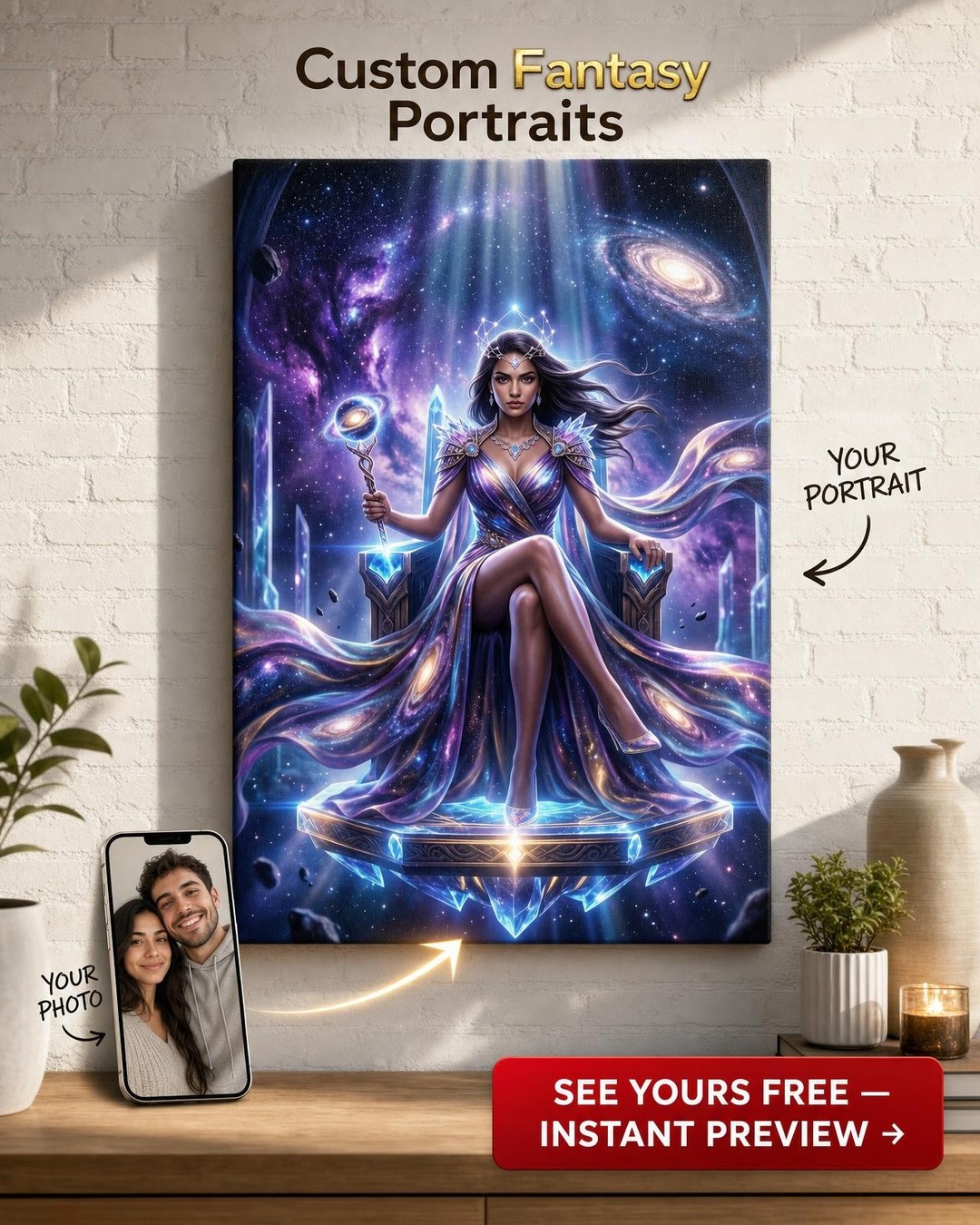 Custom Fantasy Woman Portrait — Regal Crown & Throne Canvas