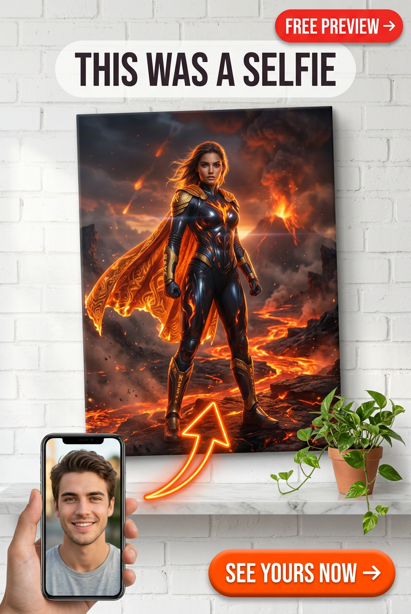 Custom Norse Superhero Portrait — Heroic Cape & Fire Canvas for Her