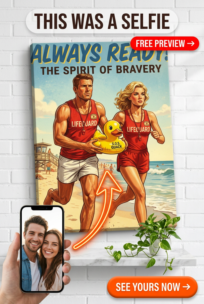 Custom Pop Art Couple Portrait — Festive Beach Lifeguard Canvas
