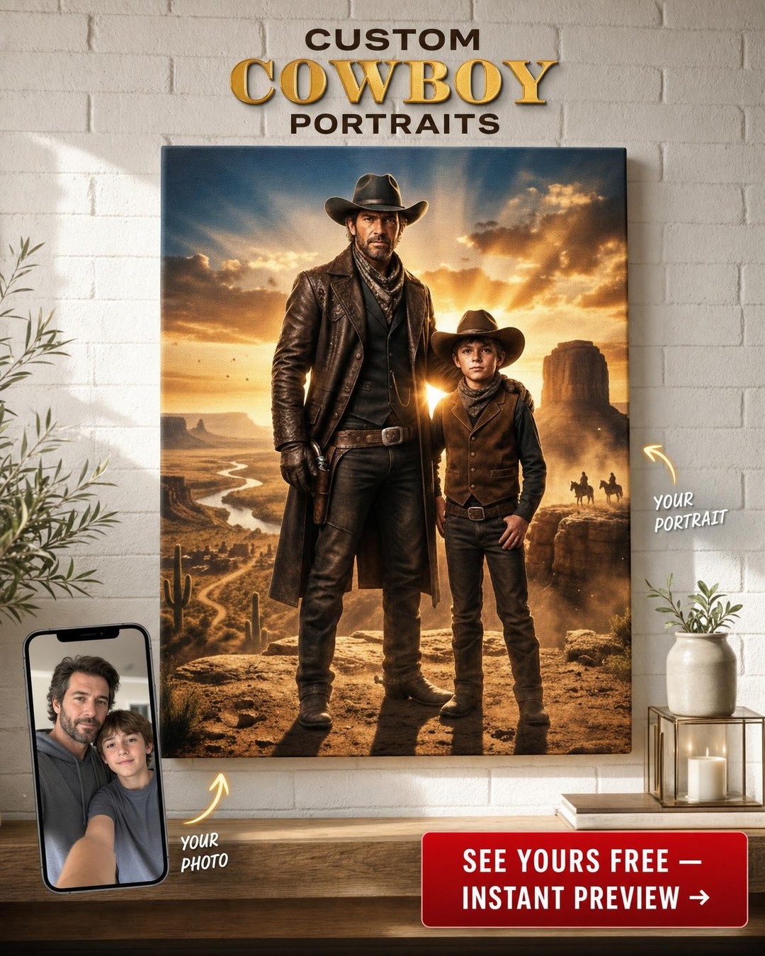 Custom Cowboy Couple Portrait — Heroic Desert Sunset Canvas