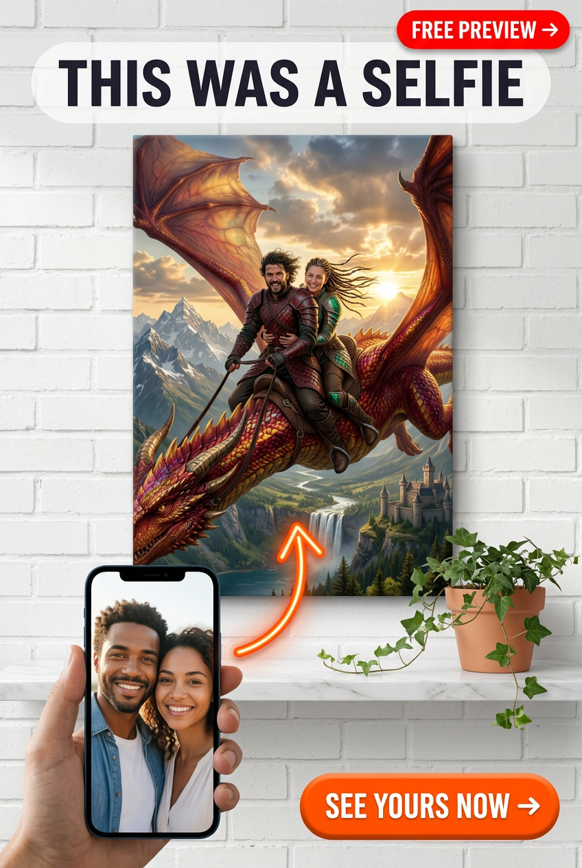 Custom Fantasy Couple Portrait — Heroic Dragon Rider Canvas