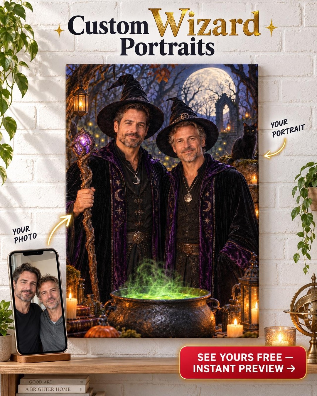 Moonlit Forest Witch Custom Portrait from Photo | Personalized for Two Men Gift