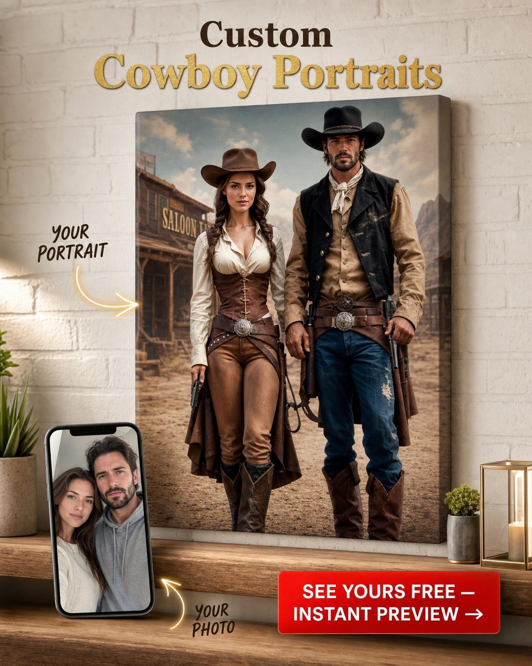Custom Cowboy Couple Portrait — Heroic Western Canvas