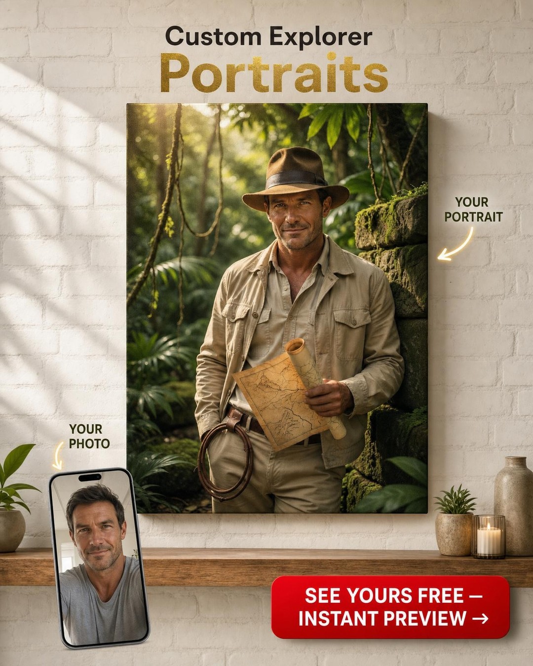 Custom Jungle Man Portrait — Heroic Adventure Canvas