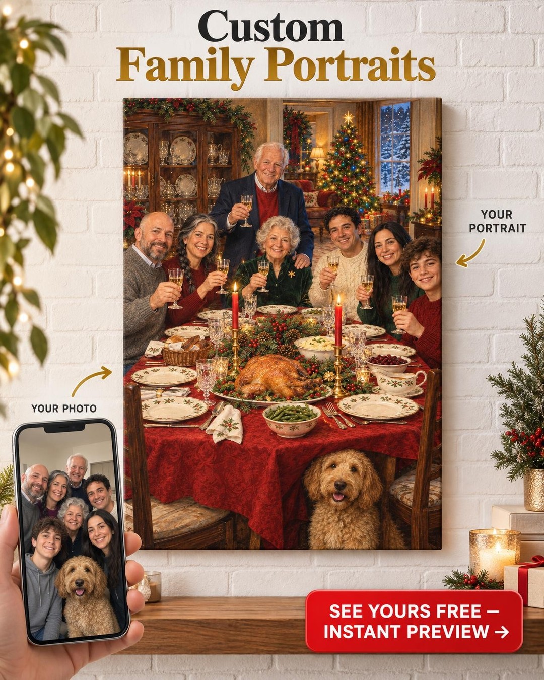 Christmas Dinner at Grandma’s Table Custom Portrait from Photo | Personalized Christmas Portrait Gift