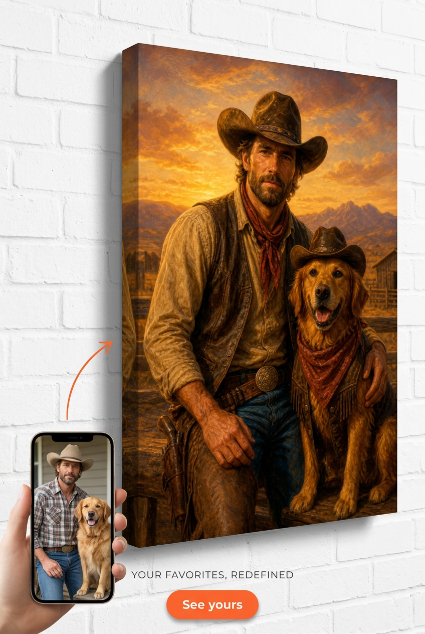 Custom Cowboy Dog Portrait — Heroic Pet Canvas from Photo