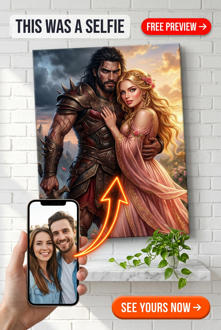 Custom Fantasy Couple Portrait — Romantic Armor & Flowers Canvas